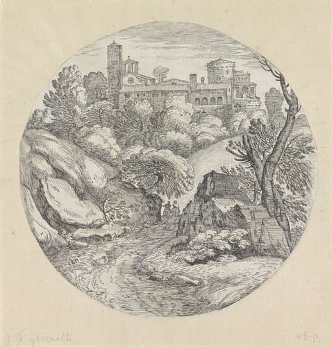Landschap met twee ruiters en een kasteel by Giovanni Francesco Grimaldi