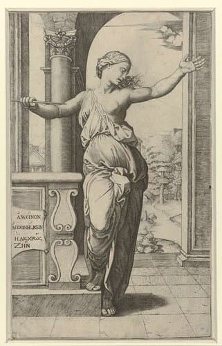 Lucretia staat op punt zichzelf te doden met dolk by Marcantonio Raimondi