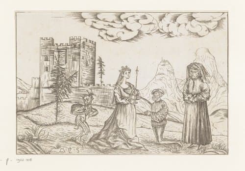 Drie personen en een duivel in een landschap voor een kasteel by anonymous