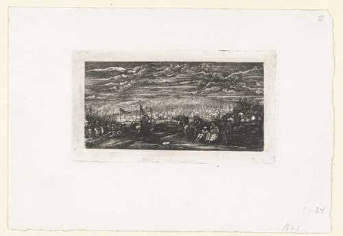 Groot leger rukt op naar links op vlakte in landschap by Rodolphe Bresdin