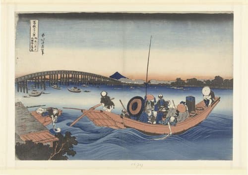 Kijkend naar de zonsondergang bij de Ryogoku brug vanaf de Onmaya oever by Katsushika Hokusai