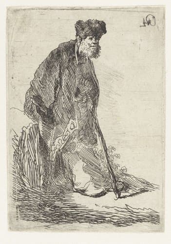 Man in a coat and fur cap leaning against a bank by Rembrandt van Rijn