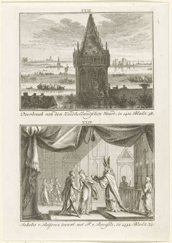 Doorbraak van de Zuidhollandse Waard, 1421, en huwelijk van Jacoba van Beieren en Frank van Borselen, 1434 by Simon Fokke