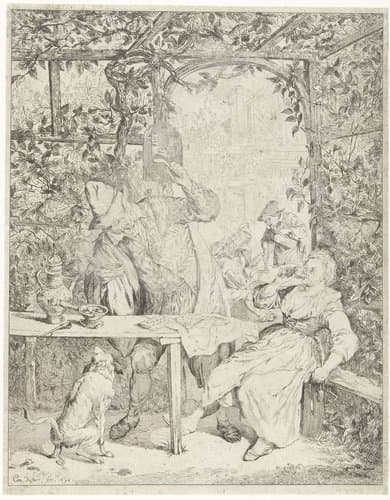 Rokende man en drinkende vrouw in een prieel by Cornelis Dusart