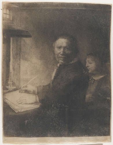 De schrijfmeester Lieven Willemsz. van Coppenol: kleine plaat by Rembrandt van Rijn