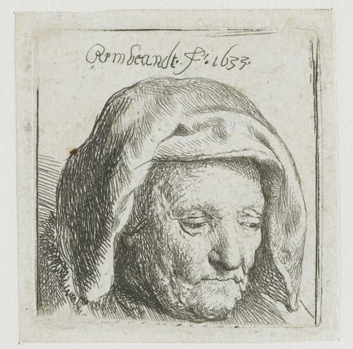Rembrandt's moeder met een hoofddoek, blik naar beneden gericht: alleen de kop by Rembrandt van Rijn