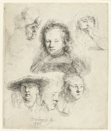 Studies of the head of Saskia and others by Rembrandt van Rijn
