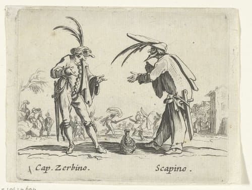 Twee straatartiesten als Capitano Zerbino en Scapino by anonymous