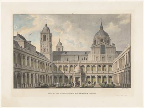 Zicht op de Patio de los Evangelistas van het Monasterio de San Lorenzo de El Escorial by Léon Auguste Asselineau