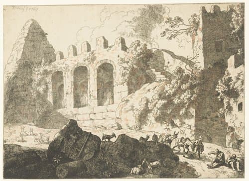 Landschap met ruïnes en een piramide by Christian Wilhelm Ernst Dietrich