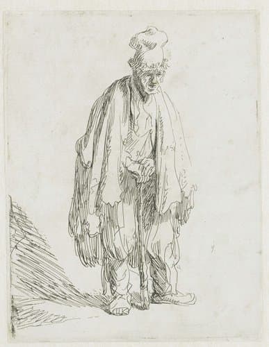 Beggar in a high cap, standing and leaning on a stick by Rembrandt van Rijn