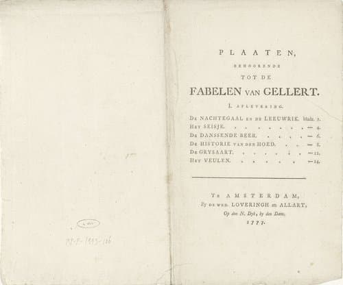 Omslag voor de illustraties bij de Fabelen van Gellert by weduwe Jacobus Loveringh & Johannes Allart