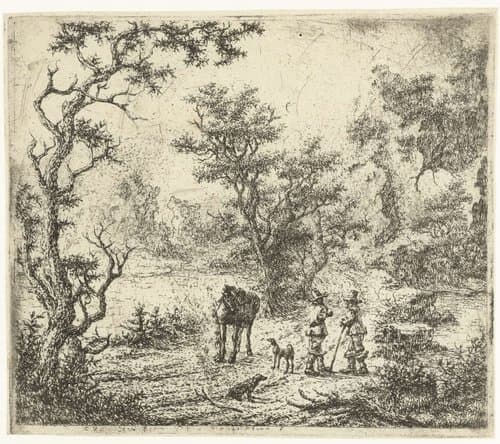 Landschap met twee mannen, een paard en twee honden by Claes van Beresteyn