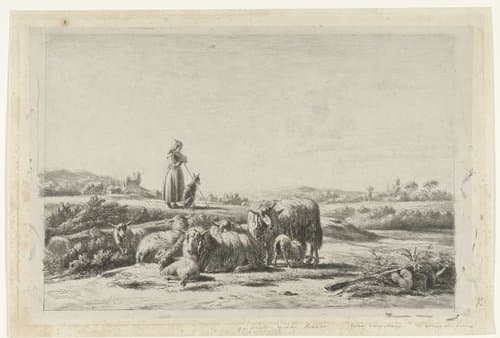 Landschap met herderin en hond bij kudde schapen by Simon van den Berg