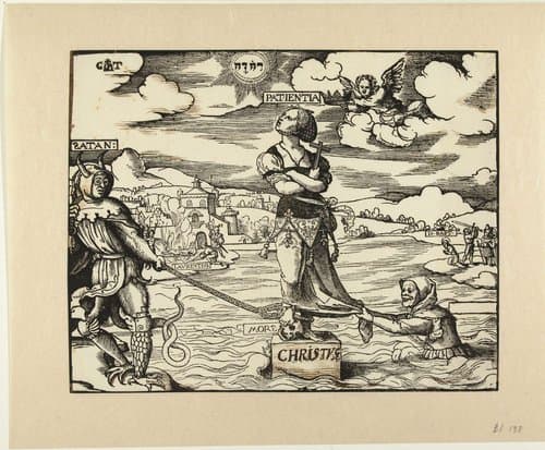 Geduld (Patientia) op een steen in het water by Cornelis Anthonisz.
