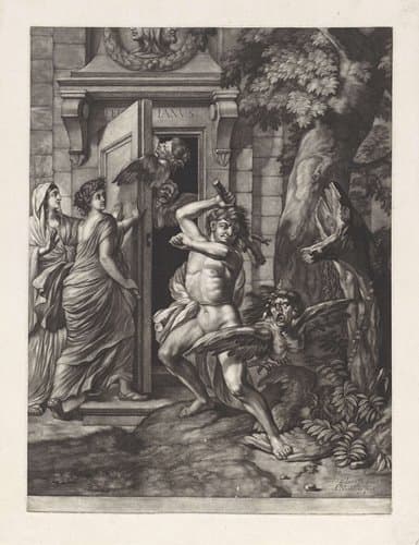 Allegorie op de Vrede van Nijmegen (1678): Hercules verslaat de harpijen voor de tempel van Janus by Abraham Bloteling