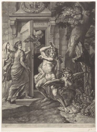 Allegorie op de Vrede van Nijmegen (1678): Hercules verslaat de harpijen voor de tempel van Janus by Abraham Bloteling