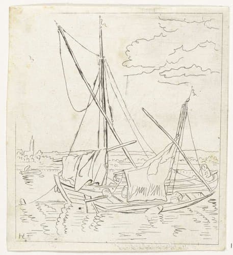 Twee zeilschepen in een rivier by Anthonie van den Bos