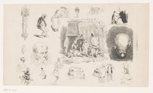 Studies van figuren, een Mariabeeld en een interieur