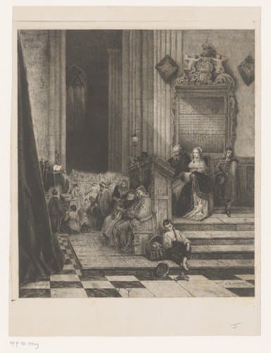 Interieur van een kerk tijdens de preek