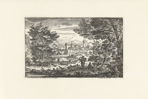 Gezicht met een dorp, herder met schapen en een man met een vrouw by Adriaen van der Kabel