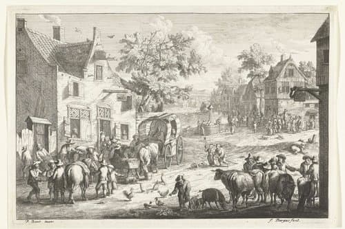 Dorpsgezicht metveehandelaren en reizigers voor herberg by Franciscus de Bargas