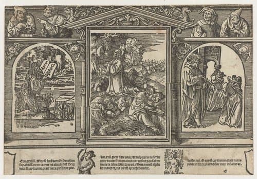 Christus op de Olijfberg, Mozes en Esther voor Ahasveros by Jacob Cornelisz van Oostsanen