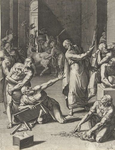 Christus verdrijft de geldwisselaars uit de tempel by Cornelis Cort