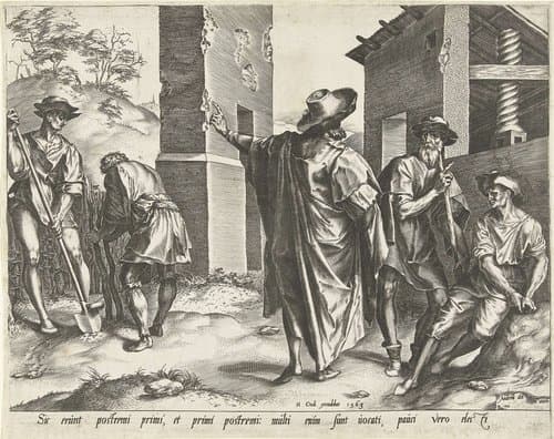 De parabel van de wijngaard: de eigenaar van de wijngaard huurt arbeiders in by Cornelis Cort