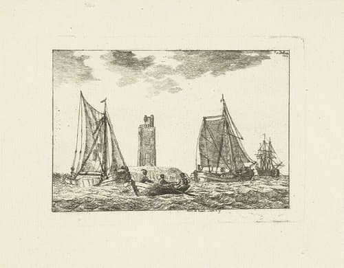 Vissersschepen op het IJ bij vuurtoren by Jan van Delden
