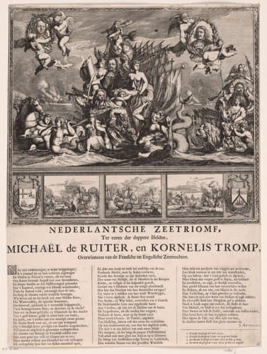Allegorie ter ere van Michiel Adriaenszoon de Ruyter en Cornelis Tromp en hun overwinningen in de zeeslagen in de jaren 1672 en 1673 by Coenraet Decker