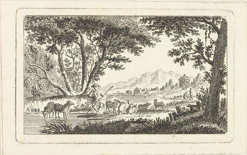 Landschap met herder en kudde schapen by Abraham Delfos