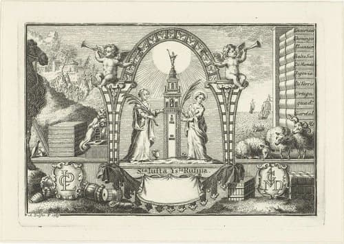 Allegorie met Justa en Rufina en voorwerpen uit de wolhandel by Abraham Delfos