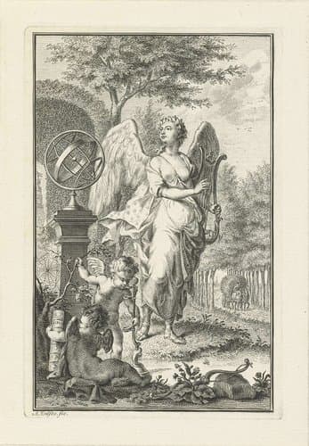 Allegorie met muze met lier, mogelijk Terpsichore, en putto met bijbel by Abraham Delfos
