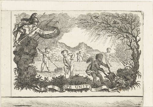 Minerva bij akker die bewerkt wordt door putti by Abraham Delfos