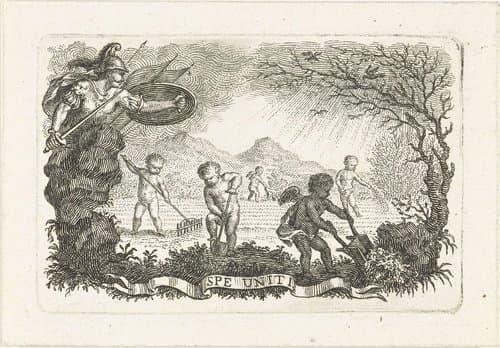 Minerva bij akker die bewerkt wordt door putti by Abraham Delfos