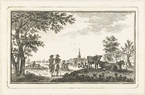 Rivierlandschap met wandelaars en tekenaar bij dorp by Abraham Delfos