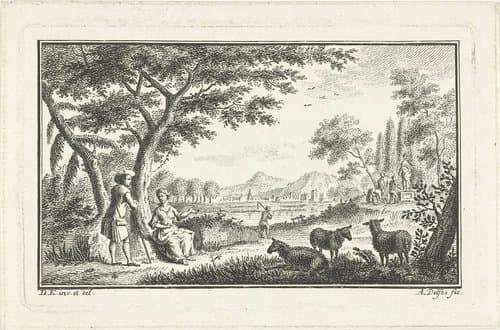 Landschap met herder en herderin by Abraham Delfos