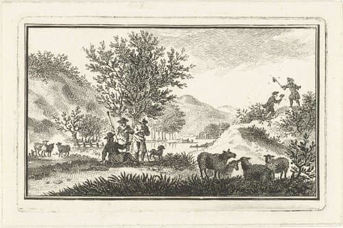 Duinlandschap met rustende herders en mannen die vlinders vangen by Abraham Delfos