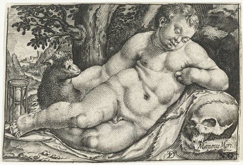 Liggende putto met zandloper en schedel by Zacharias Dolendo