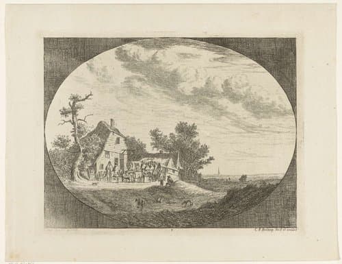 Landschap met herberg en rustende paarden en wagens en ruiters by Carel Frederik Bendorp (I)