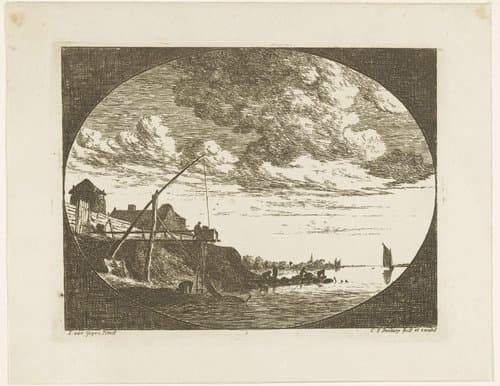 Riviergezicht met vissers met fuiken en netten by Carel Frederik Bendorp (I)