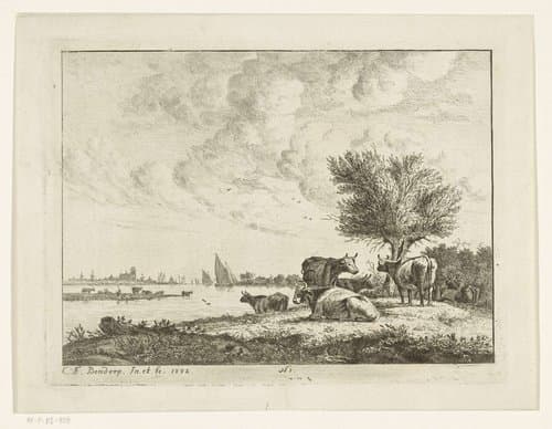 Rivierlandschap met koeien bij wilg op oever by Carel Frederik Bendorp (I)