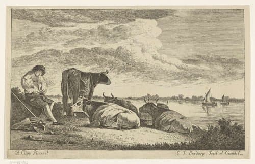Rivierlandschap met boer en koeien op oever by Carel Frederik Bendorp (I)