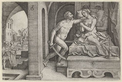 Sextus verkracht Lucretia onder bedreiging met zwaard by Georg Pencz
