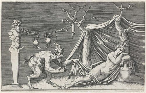 Satyr besluipt een slapende nimf by Marcantonio Raimondi