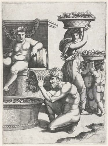 Bacchus kijkt toe hoe een man en vrouw en twee kinderen manden met druiven dragen voor de bereiding van wijn by anonymous