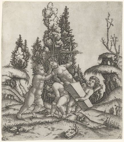 Amor en twee putti of kinderen dragen beeld van putti met gevleugeld anker op sokkel by Marcantonio Raimondi