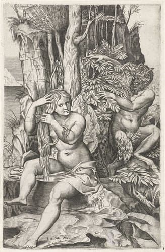 Sater begluurt een nimf tijdens haar toilet by Marcantonio Raimondi