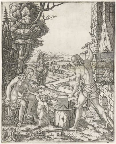 Vulcanus smeedt pijlen en vleugels voor Amor in aanwezigheid van Venus by Marcantonio Raimondi